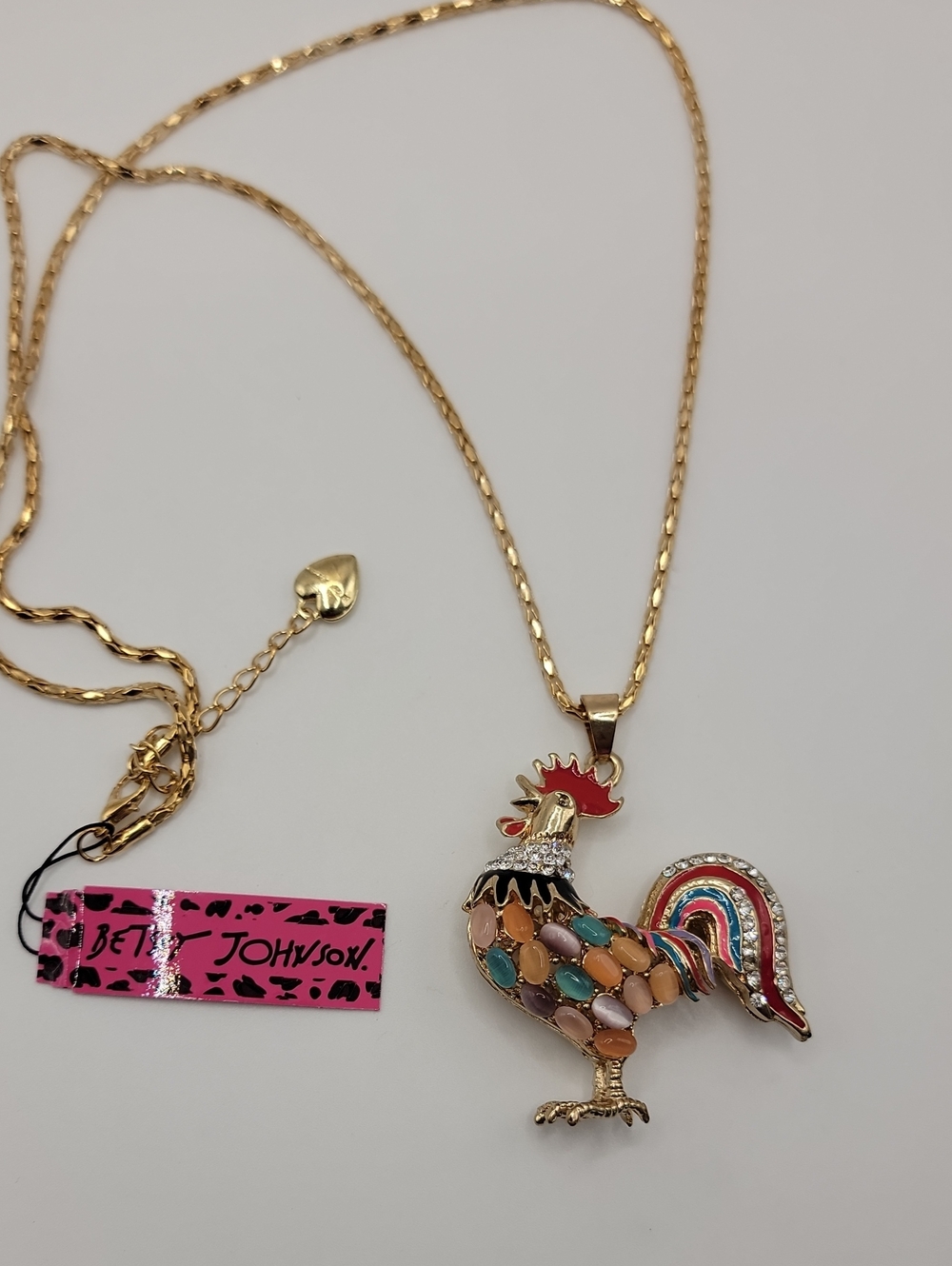 Betsey Johnson Jeweled Rooster Necklace Gold Tone Statement Piece 28" Chain